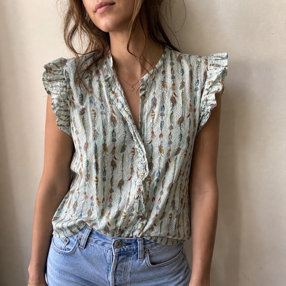KOCH White Fishing Lure Print Ruffle Sleeve Top Size XS Coastal Vacation Summer